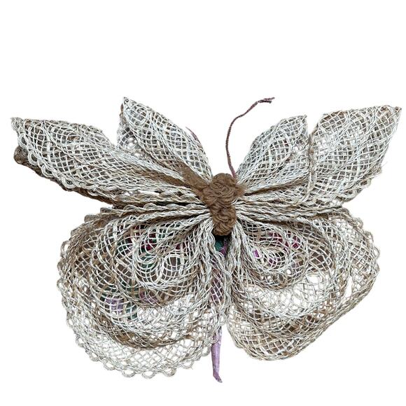 Vintage Woven Straw Butterfly Retro Wall Decor Pink Floral Wall Art - Picture 3 of 3